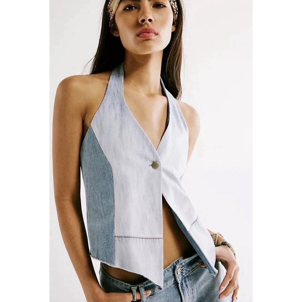 NWT‎ Free People X TRICIA FIX Halter Denim Vest Repurposed Vintage Size Small